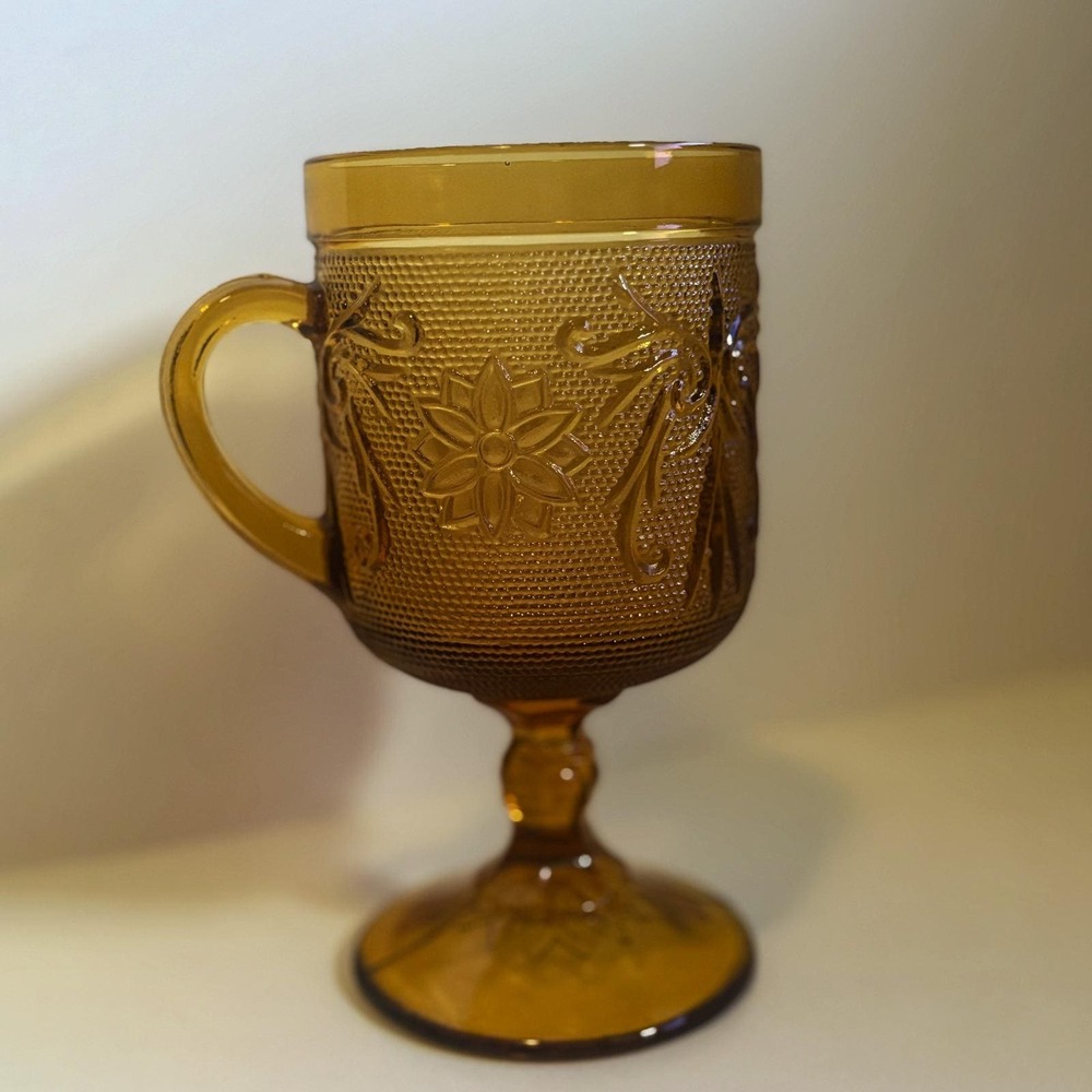 Vintage Tiara Amber Indiana Sandwich Pattern Glass Handled Goblet